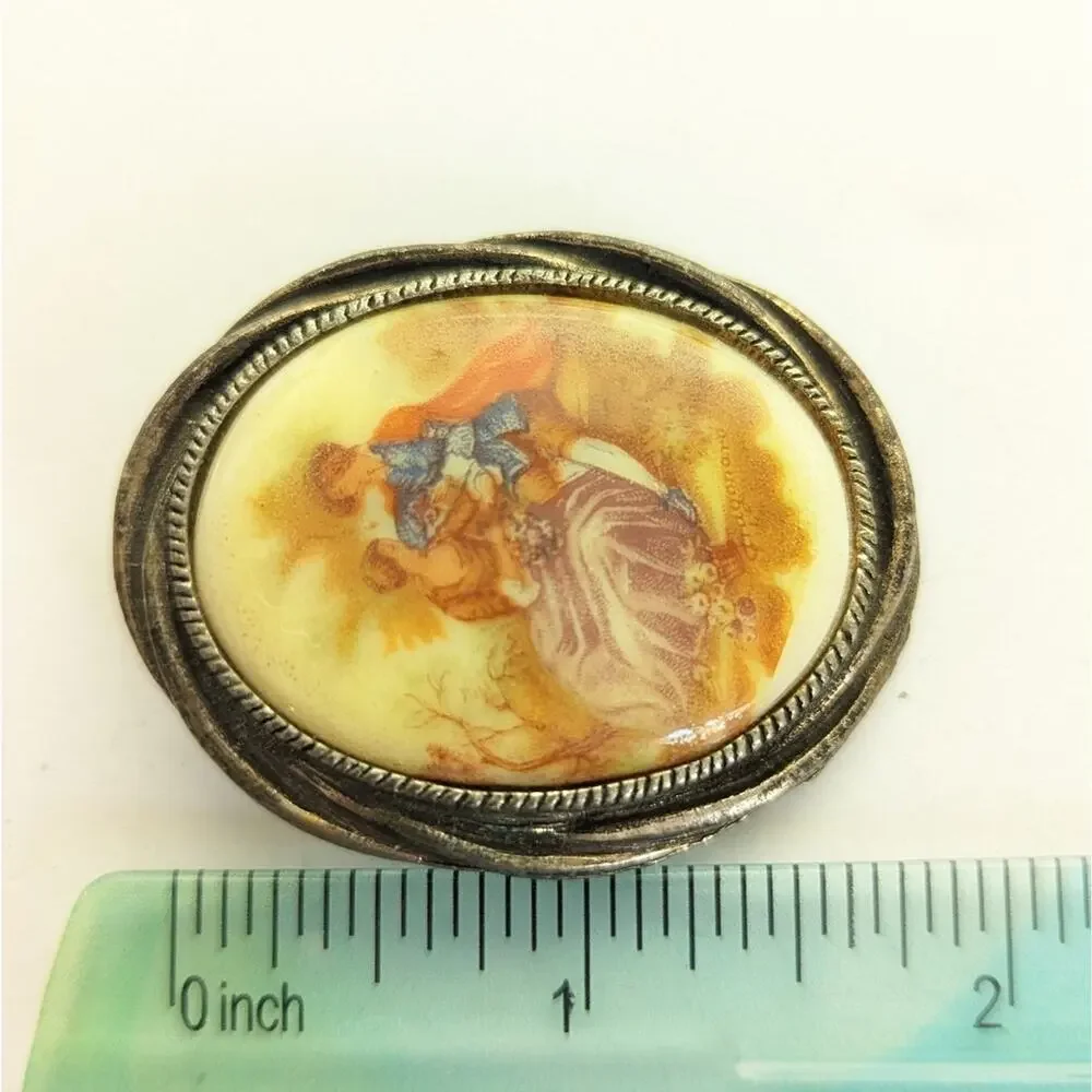 Vintage Estate Silver Tone French Courting Couple Ceramic Print Pendant Brooch